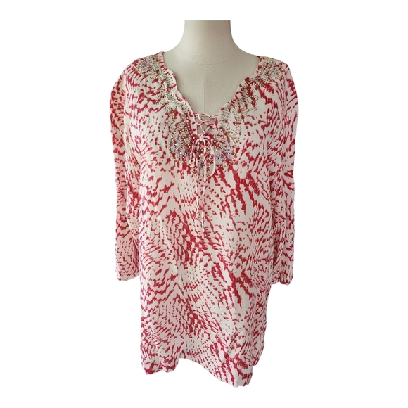 Princess Cruises Red & White Viscose Tunic Top | Boho Resort Wear | Size XL - Picture 1 of 12